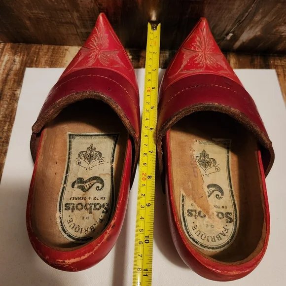 Antique Hand Carved Leather and Wood French Fabrique De Sabots Clog Shoes - Picture 9 of 10